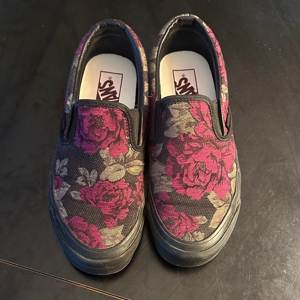 Vans Black and Pink Floral Slip-Ons